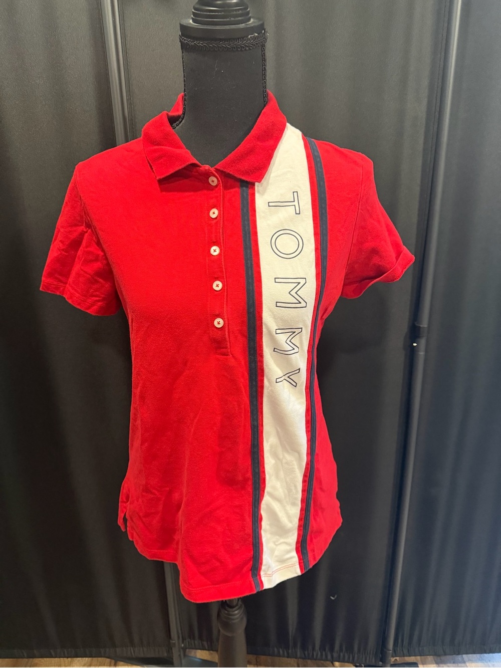 Vintage Tommy Hilfiger Red Polo with White Vertical Stripe